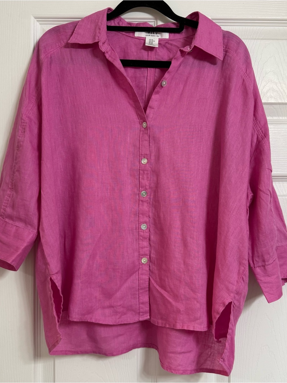 Linen Relaxed Button-Front Shirt - Pink
